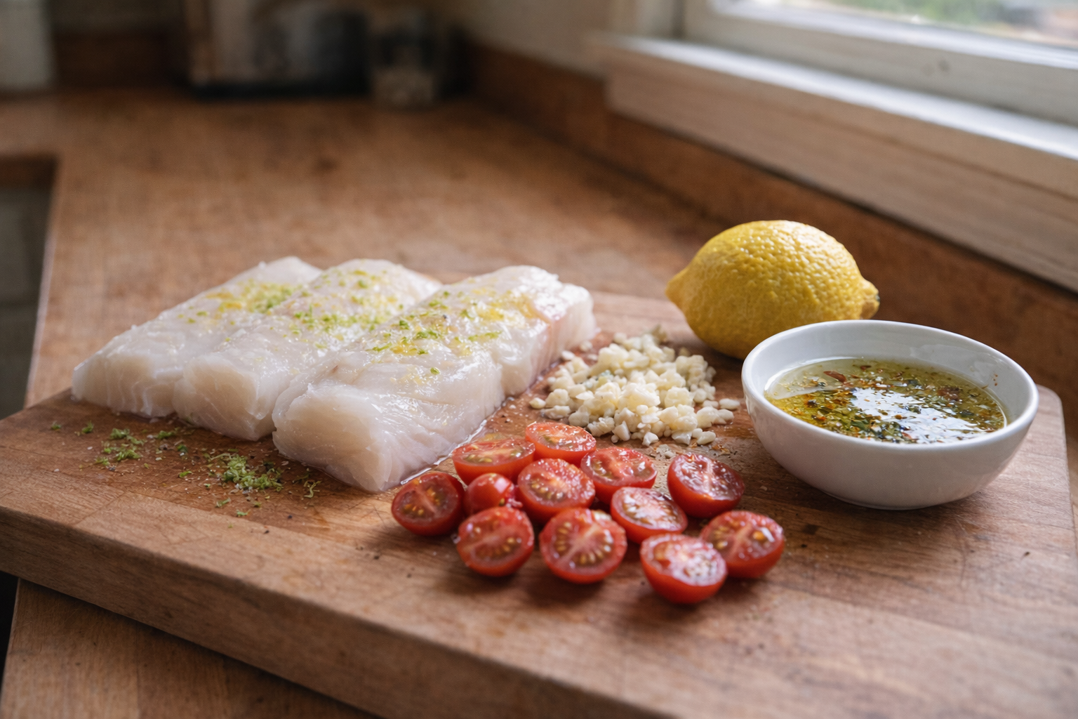 A wooden cutting board featuring fresh cod fillets, halved cherry tomatoes, minced garlic, a zested lemon, and a small bowl with olive oil and spices, natural light from a window